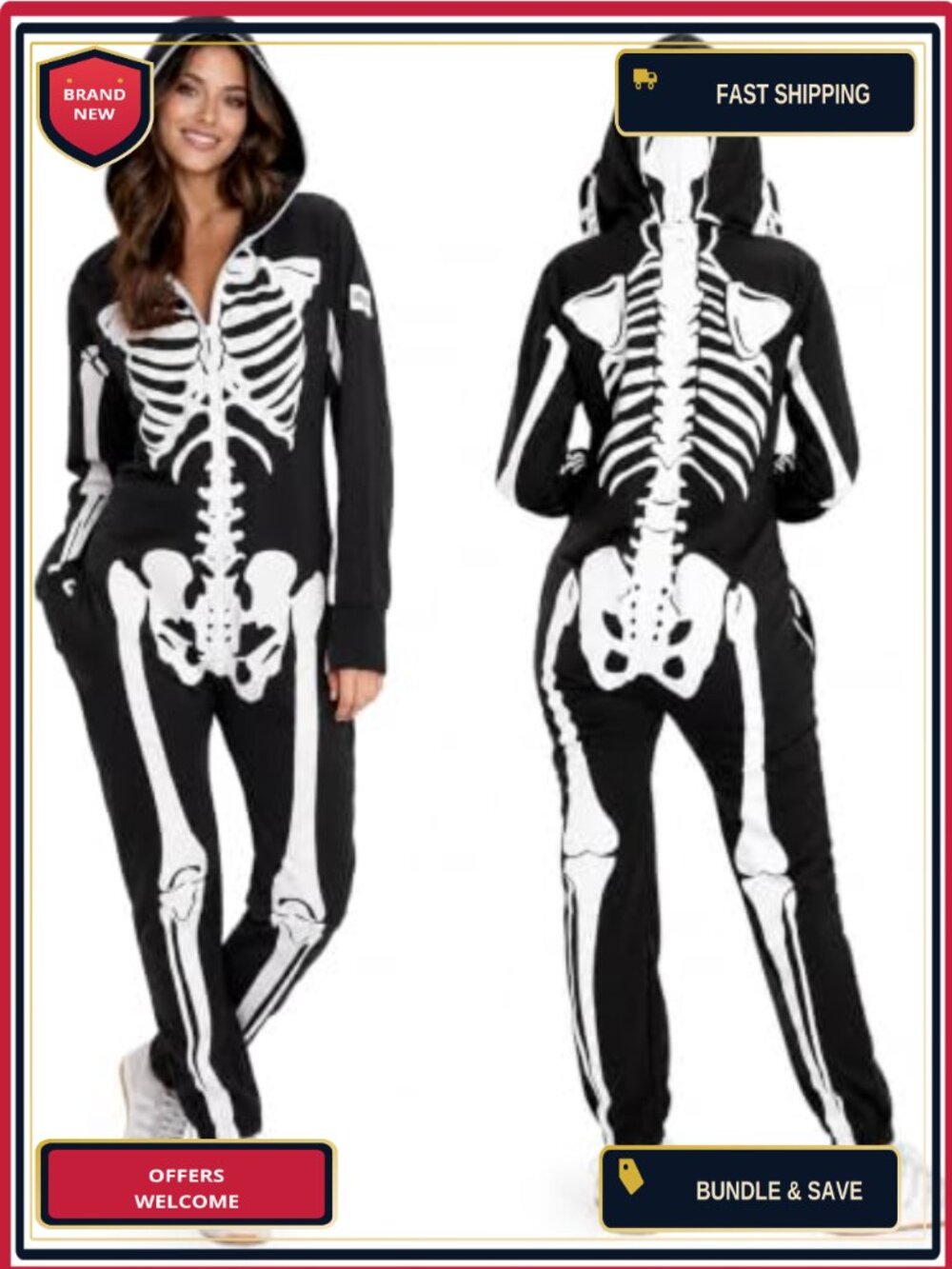 Skeleton Halloween Jumpsuit Costume for Women One Piece with Pockets